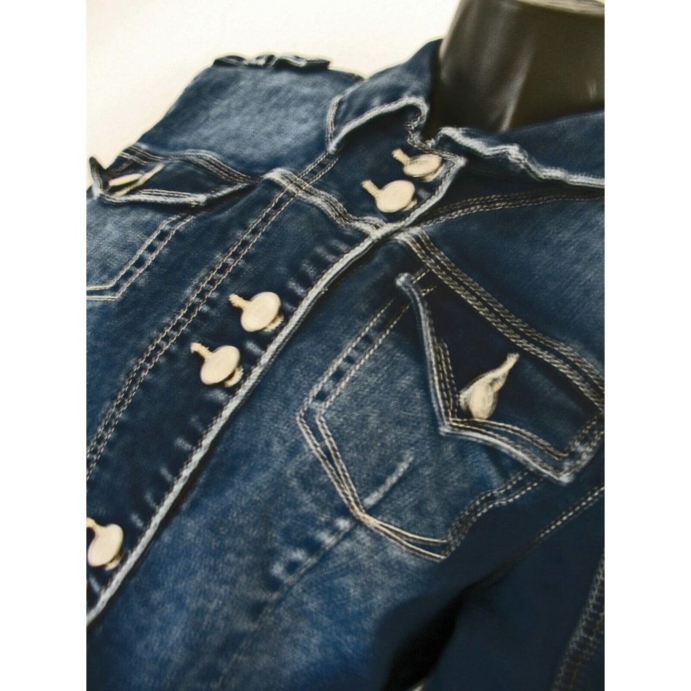 Vanity Women Jean Jacket Size L Denim Distressed Cropped Stretch Button, Dark